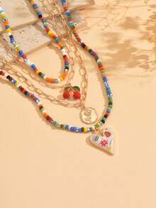 Bộ 4 vòng cổ hạt cườm nhiều màu phong cách Bohemian kèm mặt dây chuyền hình quả anh đào, vòng cổ choker nhiều lớp có thể điều chỉnh thủ công dành cho nữ, thích hợp đeo hàng ngày, đi nghỉ, dự tiệc - Nhiều màu - Xem 3