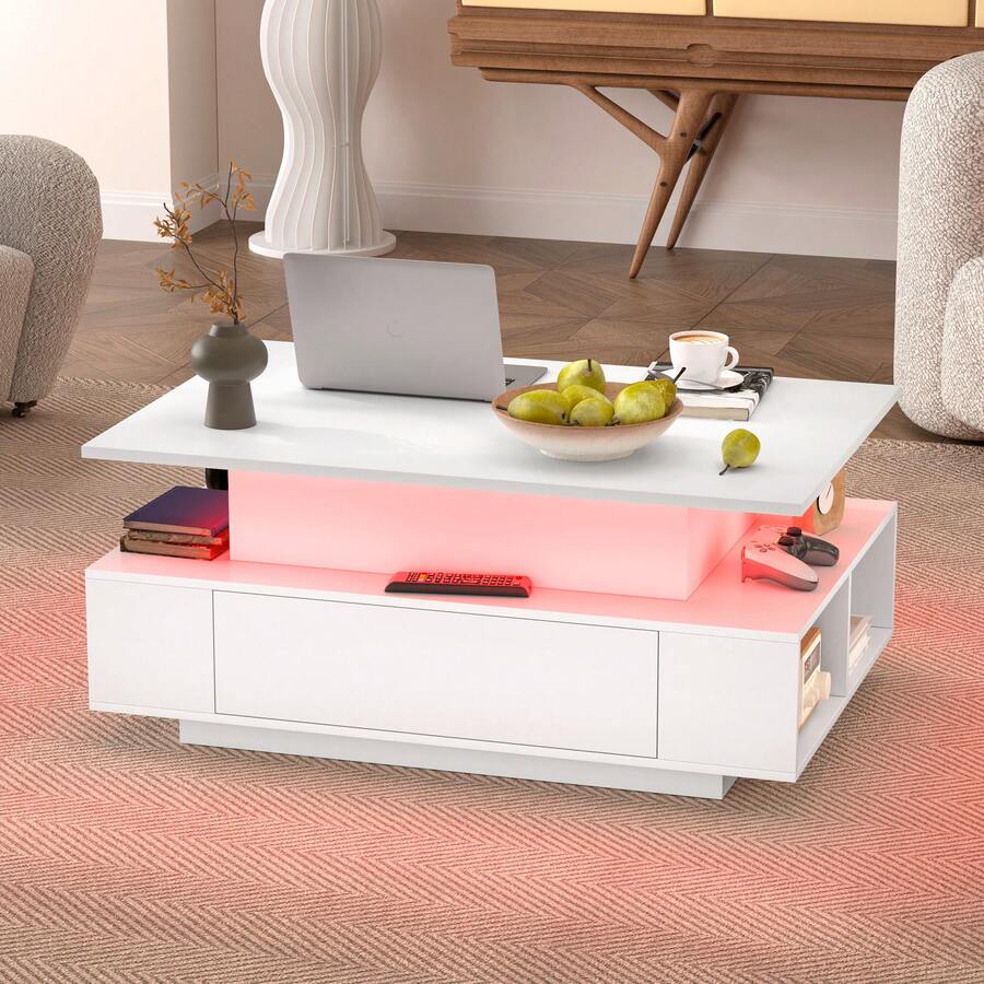 35.4-Inch Modern Lift-Top Coffee Table With LED Lights - Heavy-Duty MDF Material, Height Adjustable (Max 23.6 Inches), Large Storage Drawer & Open Shelf, High-Gloss Black Finish, Wireless Operation, Easy To Assemble - Suitable For Living Room & Home Office - 白色 - 查看 1