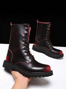 Shiny Soft Leather Non Abrasive High Top Leather Riding Boots, Thick Soled Height Increasing Boots For Men, Red Border Contrasting Motorcycle Boots, A Must-Have For Men In Autumn And Winter, High-Quality And Comfortable Men's Boots, Outdoor Large Size 38-48 Men's Casual Shoes(Asymmetric Pattern) - Apply Red - View 2