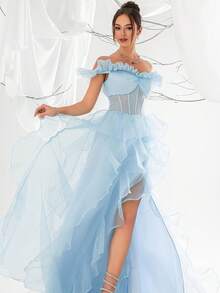 VIPGIRL Light Blue Mesh Ruffle Mermaid Maxi Dress For Women - Baby Blue - View 5