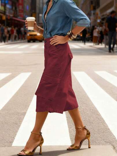 New Women's Casual Solid Color Pocket Short Cargo Pants