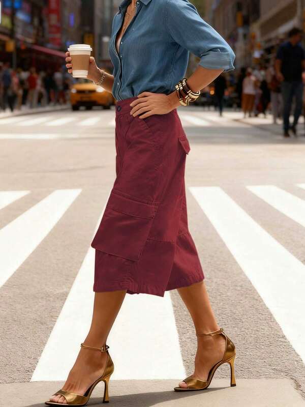 New Women's Casual Solid Color Pocket Short Cargo Pants