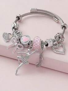 Elegant Princess Style Pink Butterfly Pendant Fully Rhinestoned High Heel Ballet Heart DIY Bangle, Suitable For Daily Wear, Festivals, Parties, Gifts