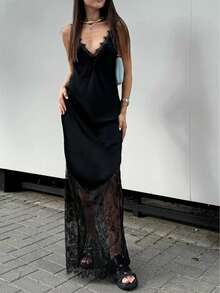 Women's Elegant Sexy V-Neck Slip Dress, Solid Color Woven Fabric With Lace Splice, Elegant For Office, Daily, Date, Airport Outfit, Summer - Black - View 2