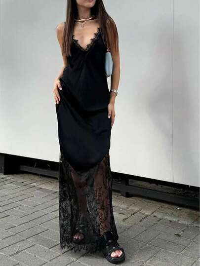 Women's Elegant Sexy V-Neck Slip Dress, Solid Color Woven Fabric With Lace Splice, Elegant For Office, Daily, Date, Airport Outfit, Summer