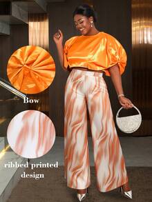 Women's Shiny Casual Two Pieces Set Round Neck Batwing Short Sleeve Cropped Tops Printed Wide Leg Trousers Elegant Office Wear Party Outfits - Orange - View 3