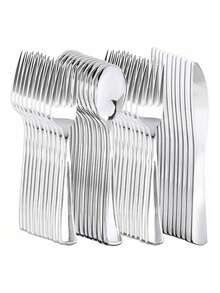 150pcs Silver Cutlery Set, Including Heavy Duty Dessert Forks And Spoons, 50 Forks, 25 Spoons, 25 Knives, Suitable For Parties, New Year Gatherings And Engagements - Silver - View 1