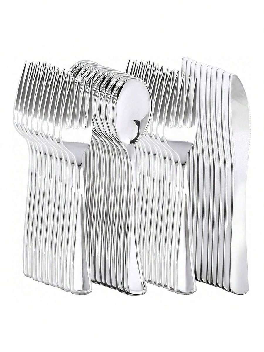 150pcs Silver Cutlery Set, Including Heavy Duty Dessert Forks And Spoons, 50 Forks, 25 Spoons, 25 Knives, Suitable For Parties, New Year Gatherings And Engagements - Silver - View 1