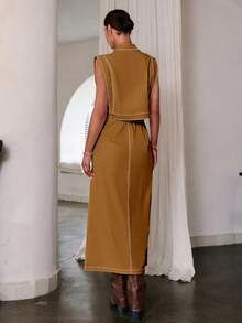 Sollinarry 女士秋季新款无袖上衣和长裙休闲两件套，适合度假、音乐节、时尚通勤等夏季穿着。 - 棕色 - 查看 4