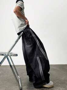 1件 Justice Brother 复古茧型男士牛仔裤，喇叭拼接宽松休闲阔腿裤 - 黑色 - 查看 5