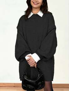 女士新款圈圈纱柔软触感圆领落肩长袖宽松针织毛衣，休闲时尚简约优雅精致纹理，秋冬黑色 - 黑色 - 查看 2