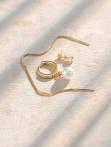 3件套优雅法式耳环套装，铜镶嵌立方氧化锆和仿珍珠耳环，威尼斯耳环，适合派对和日常佩戴 - 金黃色 - 查看 4
