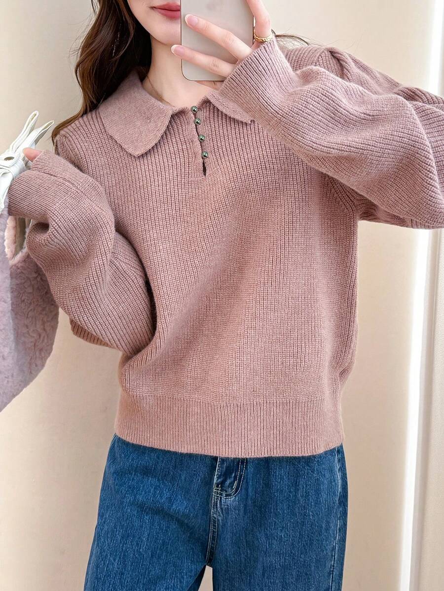 女士秋冬法式浪漫泡泡袖高领毛衣 - 粉紅 - 查看 1