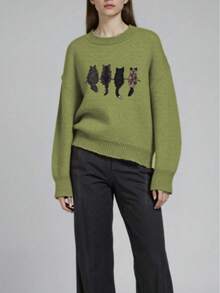 Women'S Cozy Cable Sweater With Playful Cat Print - Beige & Brown, Loose Fit, Long Sleeve, Round Neck, Casual Fall/Winter Top, Casual Winter Wear | Playful Cat Design | Construction, Cat Sweater - 綠色 - 查看 4