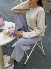 FOR BEAUTY 女士圆领针织毛衣，新款宽松长袖休闲套头衫，适合新年、秋冬季穿着。 - 米色 - 查看 4