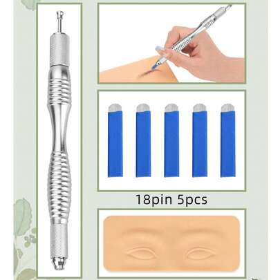 ATOMUS 1pc 3D Solid Silicone Flexible Thin Skin For Eyebrow Tattoo Practice, 1pc Silver Aluminum Alloy Eyebrow Tattoo Pen, 5pcs Blue U18 Eyebrow Tattoo Needles In Box