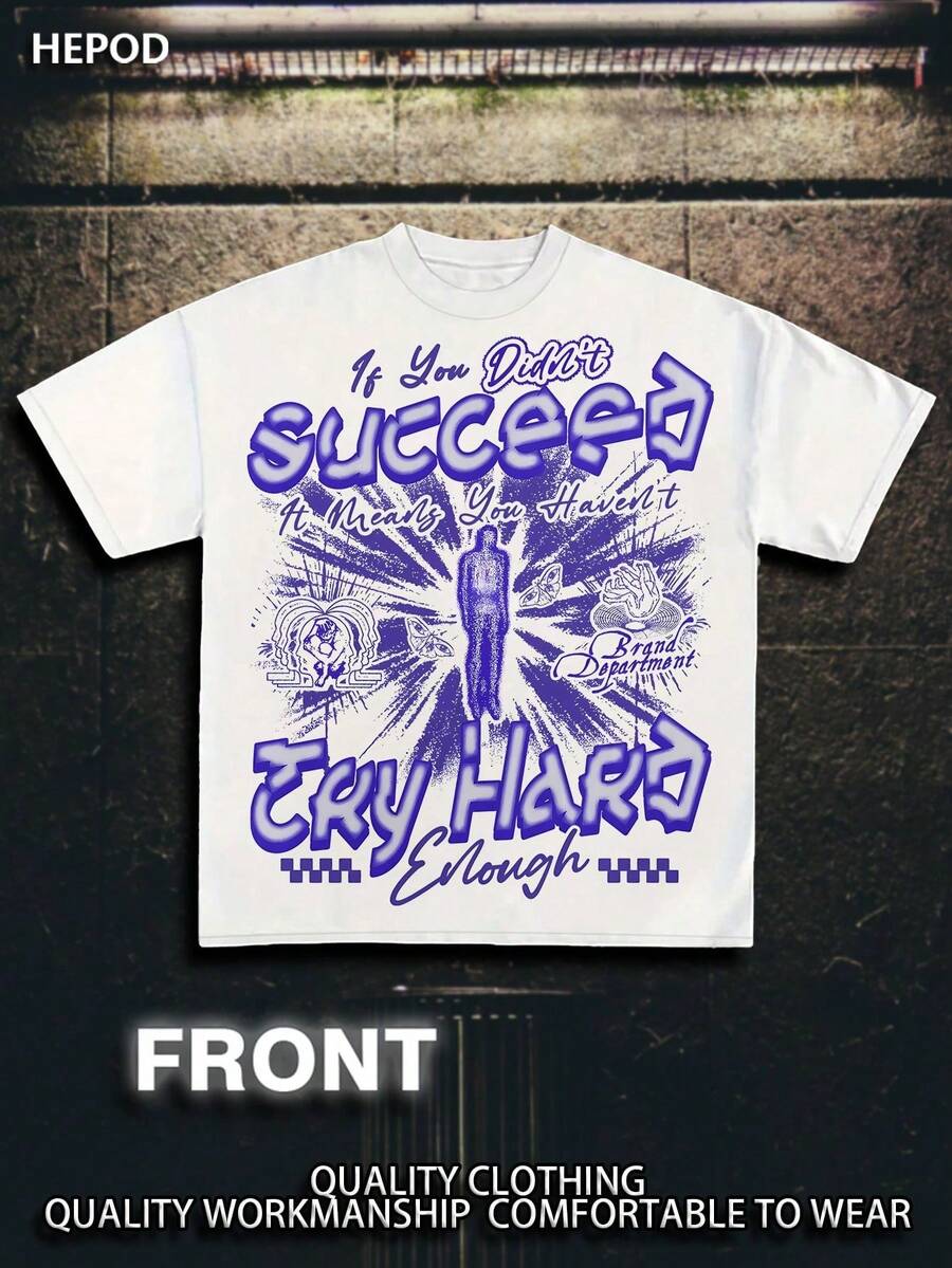 Mens Graphic Tees Print With IF YOU DIDNT SUCCEED TRY HARD ENOUGH Cotton Streetwear T-Shirt Round Neck Loose Fit Fall Ho - 白色 - 查看 1