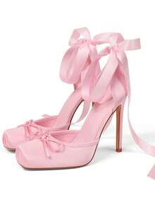 Red Ballet Shoes Bow Dress Party Square Toe Women Satin Ballerina Stiletto High Heel Mary Jane Pumps Lace Up Wedding Sexy Elegant Pumps - 粉色 - 查看 4