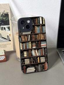 1pc Vintage Bookshelf Pattern Faux Leather Phone Case, Black Cat Eye Full Coverage Soft Shell Compatible With IPhone 11/12/13/14/15/16 Pro Max - Black - View 4