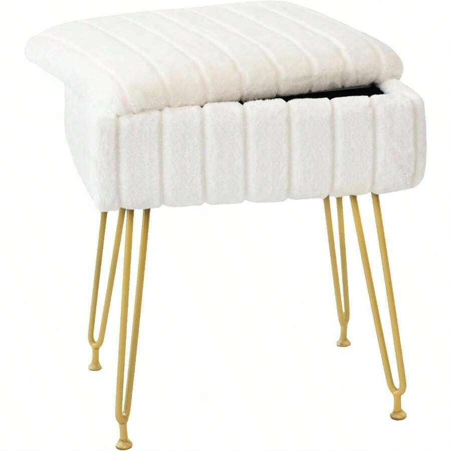 Vanity Stool Chair With Storage Faux Fur Makeup Chair For Vanity 15.7"L X 11.8"W X 19.4"H Soft Ottoman 4 Metal Legs With Anti-Slip Feet Modern Multifunctional Chairs For Bedroom White - White - View 1