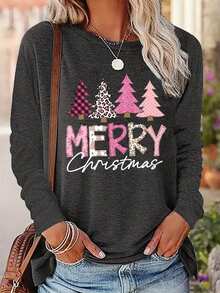 Plus Women's Christmas Tree Print Round Neck T-Shirt - Dark Grey - View 1