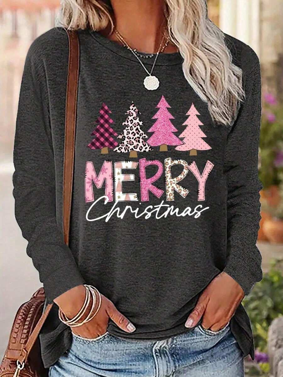 Plus Women's Christmas Tree Print Round Neck T-Shirt - Dark Grey - View 1