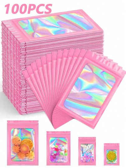 100 bolsas de Mylar a prueba de olores - Bolsas holográficas resellables con ventana transparente para almacenar alimentos, pestañas, joyas, dispositivos electrónicos (rosa, 10 x 15 cm)