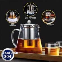 Tetera de vidrio borosilicato con infusor de acero inoxidable 304 - Hervidor de té para estufa de llama abierta para té floreciente/suelto (gran capacidad) - Tetera transparente con tapa + revestimiento de acero inoxidable 304 - Ver 2