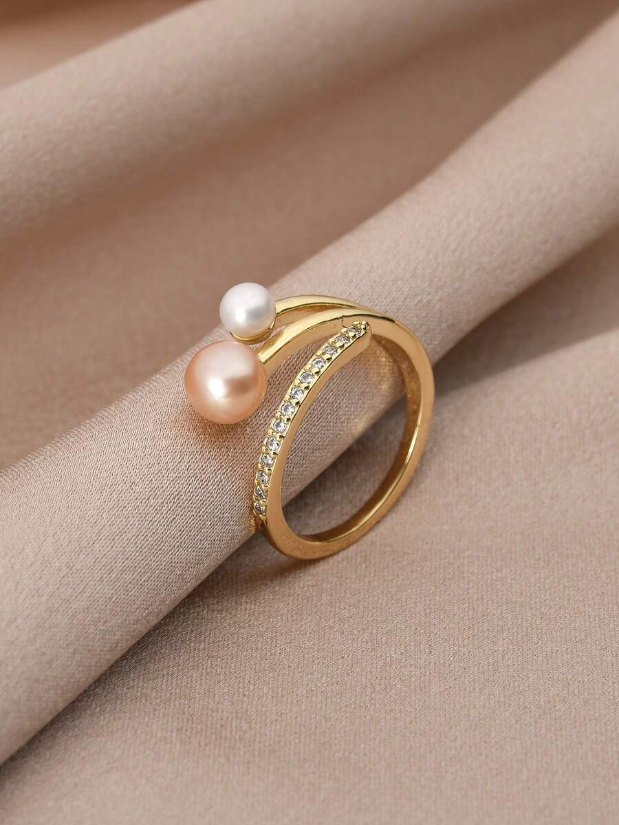 1pc 18K Gold Plated Natural Freshwater Pearl & Cubic Zirconia Adjustable Open Ring For Women - Multicolor - View 1