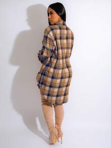 Women's Casual Plaid Shirt Dress, Turndown Collar Long Sleeve Single-Breasted, Street Fashion For Autumn/Winter Elegant - Yellow - View 2