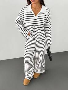 Women's 2pcs Set Loose Striped V-Neck Drop Shoulder Long Sleeve T-Shirt Top&Elastic Waist Striped Pants, Winter Sweater Suit ,Autumn/Winter Women Striped Lounge Set Two Pieces Pants Set, Women Two Pieces Set Casual Two Pieces Set Striped Two Pieces Set Comfortable Two Pieces Set Winter Clothes For Women Winter Outfit For Women Casual Women Outfits White Outfit For New Year's Eve