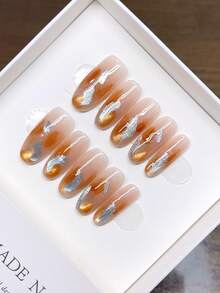 纯手工制作椭圆形美甲贴片；手绘猫眼油画渐变美甲，个性化秋冬美甲，高品质简约美甲，全覆盖假指甲，Y2K美甲，按压式美甲 - 彩色 - 查看 2