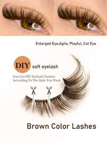 Rikuaild 5 Pairs DIY Brown Cat Eye False Eyelashes, Transparent Band, Natural Invisible, Fox Eye Fake Lashes, Brown Eyelashes, Faux Mink Lashes, Criss-Cross Fluffy Full Strip Reusable Lashes, Natural Makeup Effect, Eyelash Extension - 眼尾拉長款 - 查看 3