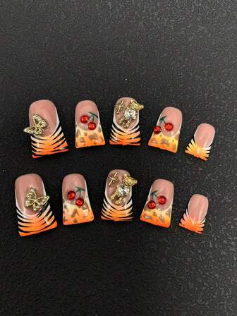 10 stycken handgjorda nagelpräglingar 2,5 mm näbbformade nagelmönster i fransk toning, handmålade i flerfärgad 3D-snidningsteknik, flerfärgad dekoration, mångsidigt lämplig för kvinnor, finns i tre storlekar, lämpliga för olika tillfällen, fester, danser och vardagsbruk