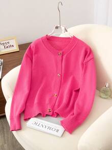 2026年情人节女士粉色针织开衫，常规长度，长袖，纽扣前襟 - 玫紅色 - 查看 1