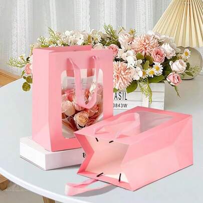 2个情人节礼品包装袋，简约手提袋，透明窗口设计，适用于鲜花、礼物等，高端优雅，节日送礼必备，温馨浪漫之选。