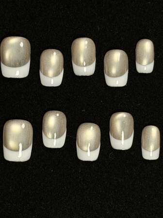 1 Set Of 10 Y2K Spicy Girl Style Pressed Nail Short Square Pure Handmade Wearable Armor, Nude Color Nail Piece With Glass Bead Cat Eye White Border French Element Design, Women And Girls Can Wear Glossy Nail Piece, Suitable For Daily Wear At Parties And Dances, Including Tool Kit. (Note That Accessory Colors Are Random)