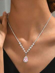 Dây chuyền mặt hình giọt nước Cubic Zirconia màu xanh navy cổ điển, Dây chuyền phong cách tiệc tùng thanh lịch dành cho nữ, Dây chuyền quà tặng tinh tế - màu xanh vàng - Xem 8