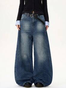 1 chiếc quần jeans ống rộng dáng suông Hearty Haven, phong cách thường ngày, đa năng, thích hợp mặc đường phố. - Màu xanh nhạt - Xem 3