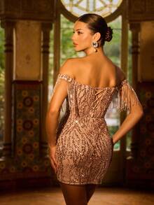 Faeriesty Đầm dạ hội nữ ôm sát, trễ vai, có tua rua, thích hợp cho đám cưới, dạ tiệc, sự kiện công ty, dạ hội từ thiện và lễ trao giải, thanh lịch mùa xuân. - Rượu sâm banh - Xem 3