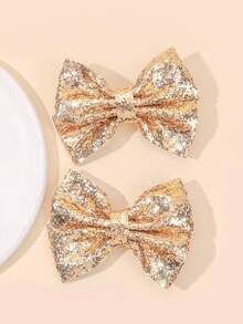 2pcs Shiny Gold Hair Bows For Baby Girls Sparkling Gold Bow Hair Clips Sparkly Glitter Gold Bow Alligator Clips Fashionable Holiday Birthday Party Hairpins Clips Casual Daily Barrettes Baby Hair Accessories - Gold - View 3