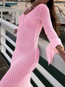 FOR BEAUTY Spring/Summer New V-Neck Backless Hollow Sexy Flare Sleeve Knit Sweater Beach Dress, Fitted & Semi-Sheer, Suitable For Beach, Seaside, Swimming, Music Festivals, Vacation Etc. - Light Pink - View 7