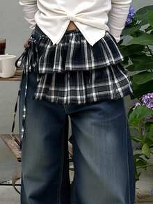 Livesso 女士格子层叠系带超短迷你裙 秋季半身裙 - 黑色 - 查看 5