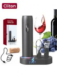 CLITON Electric Wine Opener With Storage Base,Cordless Electric Wine Bottle Opener With Pourer, Foil Cutter, 1 Vacuum Preservation Stoppers, Easy Storage,Electric Wine Opener Set With Storage Base, Reusable Automatic Wine Bottle Opener With Led Light, Portable Corkscrew With Pour & Preserver Vacuum Stopper, Foil Cutter, Black - Black - View 2