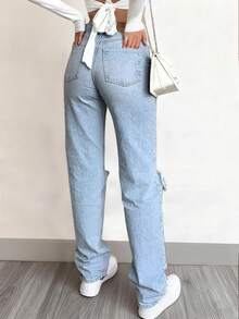 NVFelix 女士做旧直筒牛仔裤，复古休闲户外风格，蓝色，适合冬季、感恩节和新年穿着 - 淺色水洗藍 - 查看 3