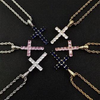 1pc Titanium Steel Twisted Chain Zirconia Micro-Inlaid Cross Pendant Necklace, , Luxury Retro Punk Fashion Long Necklace Accessory, Suitable For Casual, Party, Holiday Outfit, Versatile