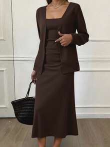 Livesso 2-częściowy elegancki damski komplet: sukienka bez rękawów i sweter kardigan, jesień - Kawowy brązowy - Zobacz 5