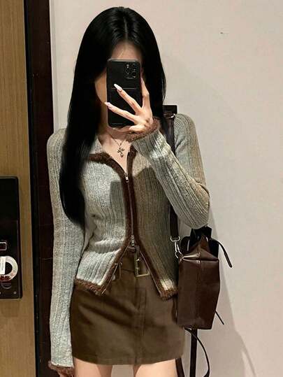 复古性感女士拼布毛衣，拼色修身时尚领口上衣，布料随机