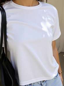 DAZY 纯色圆领修身短袖打底女式T恤 夏季学院风上衣 - 白色 - 查看 1