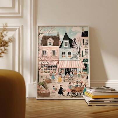 1pc Frameless Whimsical Easter Town Print, Cottagecore Village Art Collection, Vintage Folk Art Lithograph Set, Spring Home Decor, Easter Market Poster, Rustic Wall Art For Living Room, Easter Gift Set